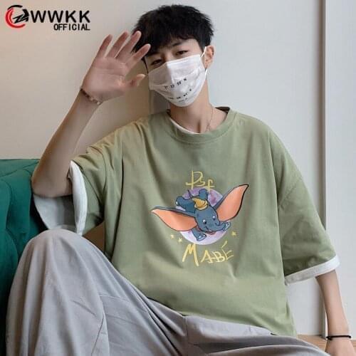 WWKK 2021 Short-sleeved Oversized Tshirt Men T-shirt Women Trend Korea Loose Cartoon Elephant Graffiti Clothes