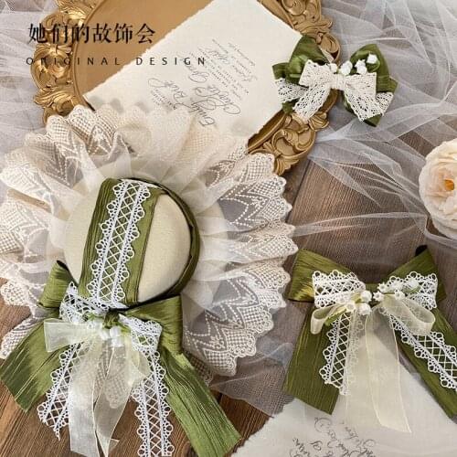 If grass-colored Headwear Lolita Girl Hairpin Lily of the valley Side Clip Lace Bowknot Edge Clamp Handmade Headband Elegant