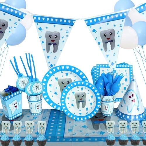 Blue Teeth Theme Happy Birthday Disposable Party Supplies SUIT Baby Show Gift Bag Cake Decorations Tray And CAKE TOOL