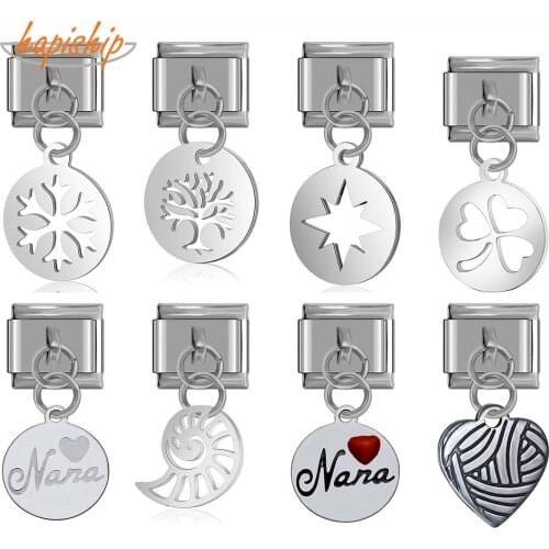 Hapiship Original Daisy Round Nana Heart Snowflake Conch Charm Links Fit 9mm Bracelet Stainless Steel Jewelry DIY Making DJ201