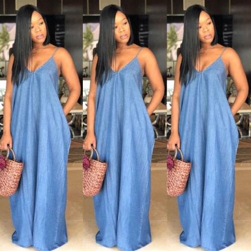 Hirigin Talla Grande Summer Boho V-neck Backelss Loose Long Maxi Denim Dress Plus Size 3XL Vestido Mujer Holgado de