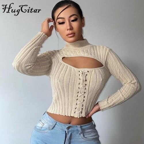 Hugcitar 2021 Autumn Solid Sexy Hollow Out Ruched Long Sleeves Bodycon Knitted Crop Top Summer Women Fashion Club Clothes Y2K