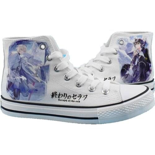 Unisex Print Seraph of the end White Casual Canvas Shoes Hiiragi Shinoa Yuichiro Hyakuya Student Flat duck shoes Sneakers