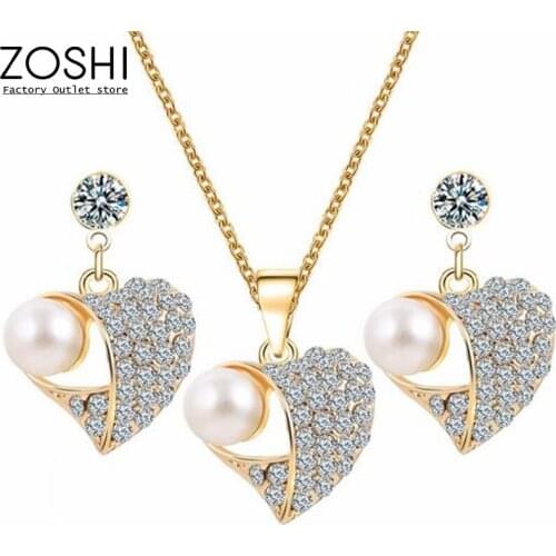 Classic Heart Imitation Pearl necklace Golden Plated jewelry set for women Clear Crystal Elegant Party Gift Fashion Costume