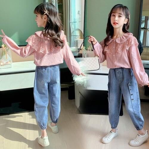 Teen Girls Clothing Sets Autumn Cotton Lace Ruffles Shirts Tops+Fashion Jeans 2pcs Set Children Korean Clothes Big Girls Outfits