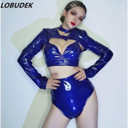 Women Dancer Team DJ Jazz Dance Costume Red Blue PU Leather Bra High-waist Shorts Tops Outfit Nightclub Bar Singer Sexy Clothes