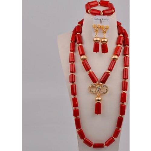 Fashion Red Coral Necklace African Wedding Beads Nigerian Bridal Jewelry Sets 11-D04