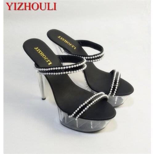 Fashionable womens crystal shoes noble fashion transparent floor 15 cm high heel sandals, beaded decoration