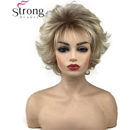 StrongBeauty Short Blonde With Dark Roots Ombre Choppy Layers Synthetic Hair Wig Wigs for women