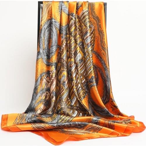Women Silk Sqaure Neck Scarf Design Printed Female Foulard Hijab Scarves Neckerchief Shawls Lady Head Wraps Bandana