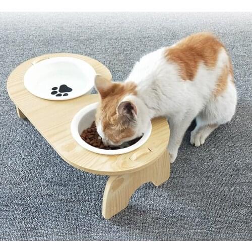 Elevated Cat Ceramic Bowls, Small Dog 15 degree tilt Raised Food Feeding Dishes, Wood Water Stand Feeder Set for Cats and Puppy