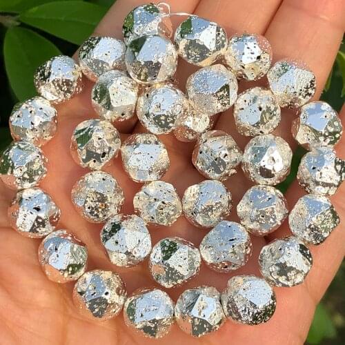 Natural Faceted Rock Volcanic Lava Hematite Silver Plated Stone Beads Loose Spacer Beads For Jewelry Making Diy Charm Bracelet