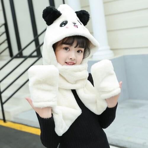 Winter Panda Rabbit Animal Ear Hat Kids Girls Cap Cute Plush Faux Fur Hat Scarf Gloves One Three-piece For Children Party Gifts