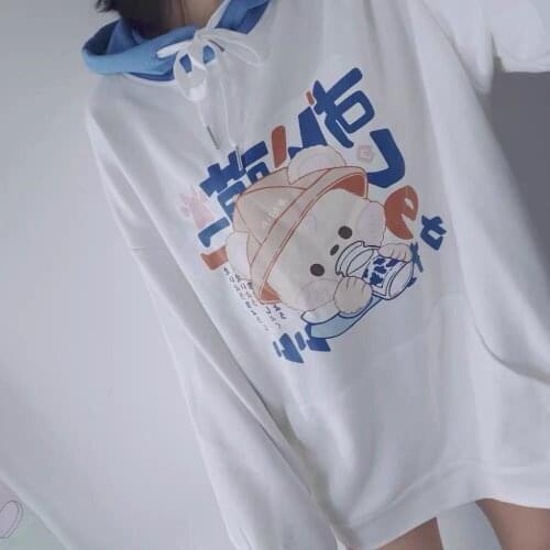 Harajuku Japanese Soft Girl Hoodies Female Student Cute Bear Print Sweatshirt Autumn New Stitching Loose Sweatshirt Women