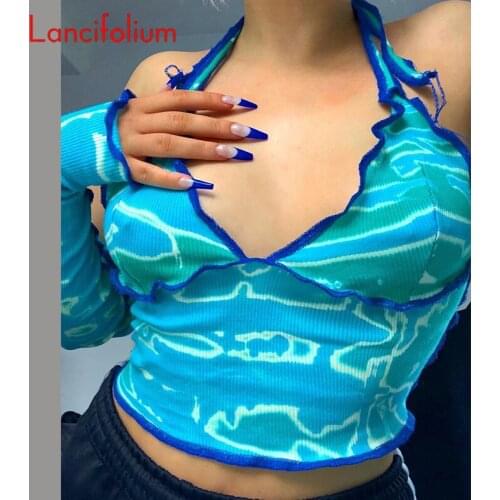 Fall Y2k Blue Halter Separate Long Sleeve Tee Graphic Contrast Stitch Backless Corset Crop Top Indie Harajuku T Shirt Women 2021