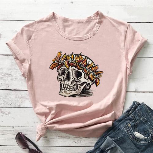 Halloween Skull with Flower 100%Cotton Women Tshirt Unisex Holiday Funny Summer Casual Short Sleeve Top Halloween Party Shirt