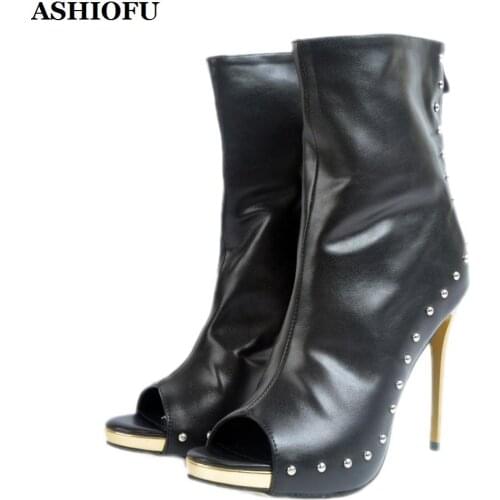 ASHIOFU New Elegant Handmade Ladies High Heel Boots Sexy Peep-toe Stocking Match Ankle Boots Autumn Evening Club Fashion Boots