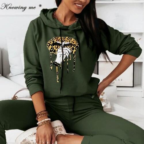 Womens Sweatshirts Sets Elegant 2021 Autumn Leopard Printed Hoodies+ Elastic Waist full Pants Suits Street Wear dropshipping