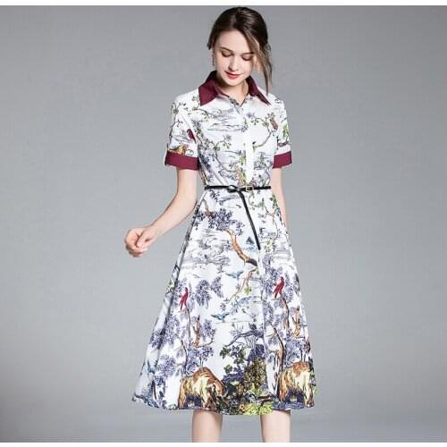 Summer Runway Fashion Midi Dress Womens Short Sleeve Flower Animal Jungle Print A-line Umbrella Sashes Shirt Vestidos k9910