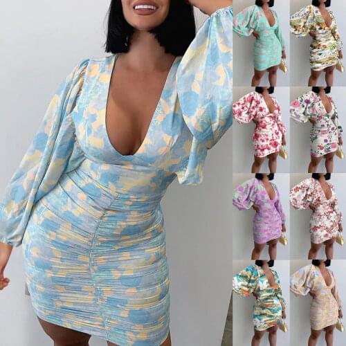 Womens Fashion Sexy Deep V-neck Print Long Lantern sleeve Elegant Hip Dresses 2021 Spring Autumn Party Dress Vestidos De Festa