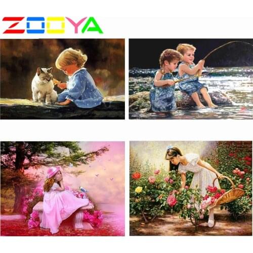 ZOOYA Diamond Painting Little Girl Cat Full Diamond Embroidery Pattern Rhinestones Decor Needlework Mosaic Needlework DIY RF832