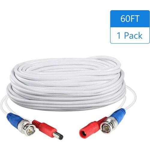 1Pack and 2/4 Packs White 60ft /18.3m 2-in-1 Video Power CCTV Cable BNC connector for Home Security Surveillance Cameras DVR