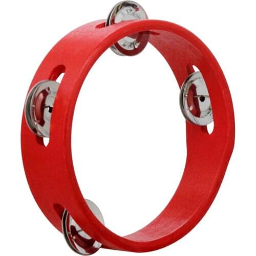 6 Inch Handheld Wooden Tambourine Hand Bell Percussion Musical Toy Single Row Metal Jingles Red for Party Kids Games