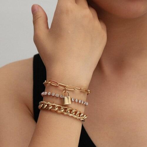 Alloy Rhinestone Lron Multilayer Lock Women Bracelets On Hand Chain Bangles Jewelry Multi-Layer Aesthetic Fashion Female Popular