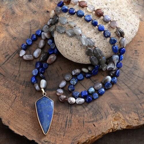 Peace Shield Pendant Long Necklace Moon Stones Knotted Beaded
