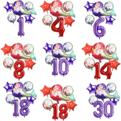 Red Purple Mermaid Foil Balloons With 40inch Digit Number Helium Balloon Cartoon Globos Birthday Party Decorations Kids or Adult