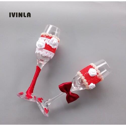 Hot selling 2pcs/lot Red wedding toasting glasses wedding champagne glasses gift box for wedding party decoration