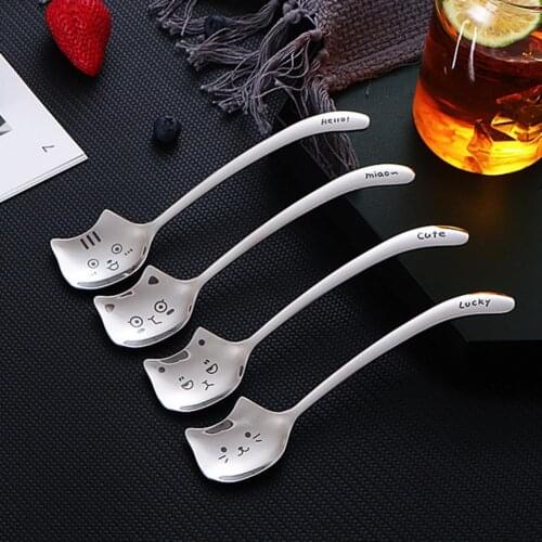 Coffee Spoon Cute Non-stick Stainless Steel Creative Cat Shape Spoon Ice Cream Spoon Scoop Tea-spoon For Kitchen Drop Shipping