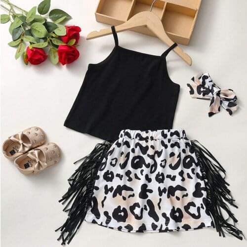 Summer Children Casual Sets 2-6Years Girls Fashion Beachwear Black knitting Sling + Leopard Print Skirts With Tassel Decoration