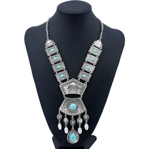 LZHLQ 2020 Fashion Women Chain Necklace Vintage Carving Blue Stone Water Drop Tassel Necklaces Geometric Metal Plated Jewelry