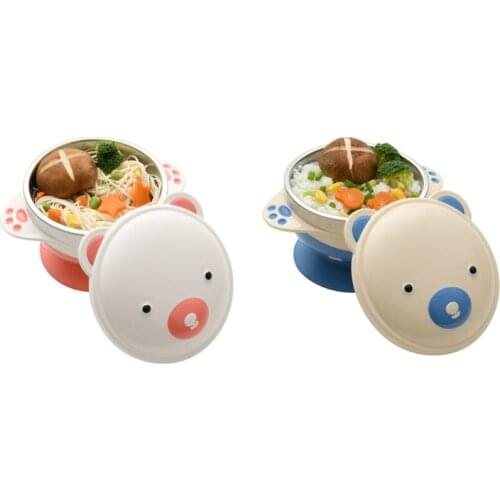 2021 New 350ml Cute Cartoon Baby Stainless Steel Suction Bowl Dish Kids Child Tableware Food Box with Lid Kids Learning Feeding
