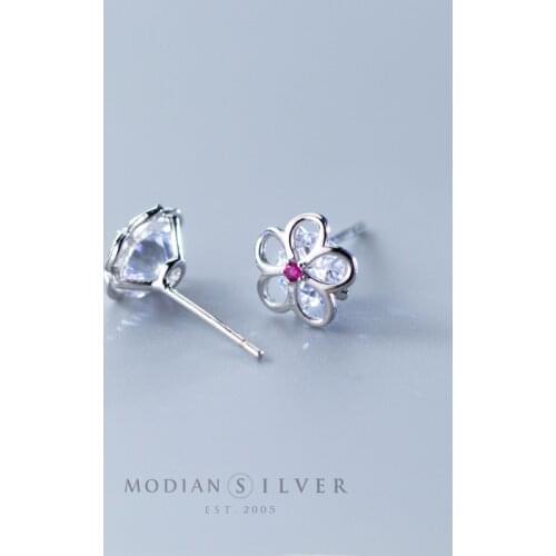 Modian Summer Beach 100% 925 Sterling Silver Pink Crystal Zircon Stud Earrings For Women Clear CZ Hollow Flower Silver Jewelry