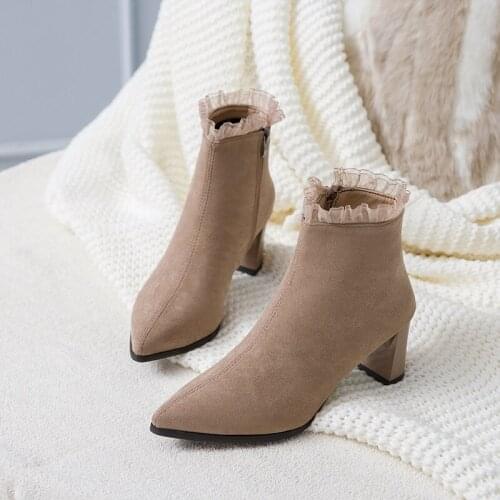 Fashion Women Spring Autumn Flock Ankle Boots Round Toe 5cm Square Heel Solid Casual Booties big size zapatos de mujer U22-06