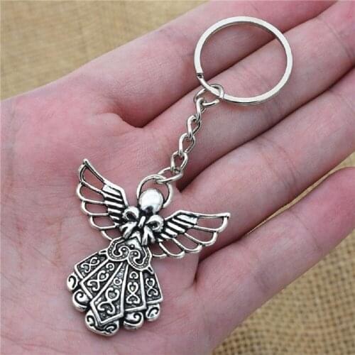Fashion 30mm Key Ring Metal Key Chain Keychain Jewelry Antique Silver Plated guardian angel Pendant Key Chains