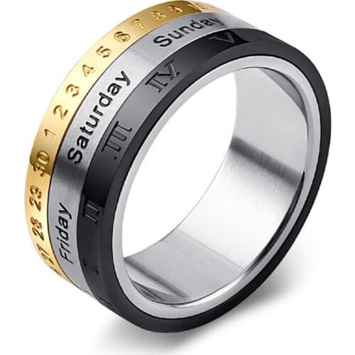 Mens Roman Numerals Date Calendar Time Ring For Rotatable Week Finger Fashion Punk Biker Wedding Stainless Steel Rings
