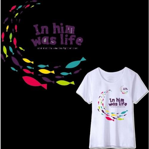 Colorful Letters In him was life Iron On Patches Appliques A-level Heat Transfer For T-shirt DIY Clothing Accessories