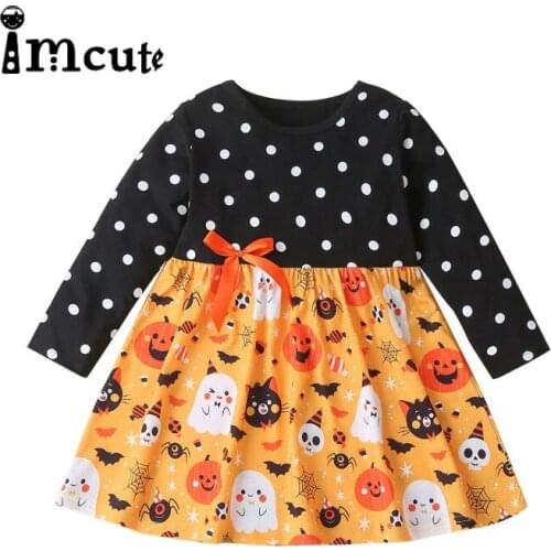 Halloween kids baby girl autumn dot full sleeve patchwork bow dresses toddler cartoon pumpkin knee-length dress 1-6Y
