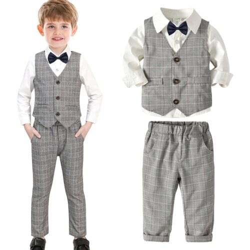 Autumn Baby Boy Formal Clothes Sets Vest Shirt Pants Kids Party Clothing Suits Checkered Dress Toddler Children Wedding Uniform