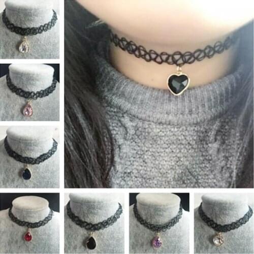 Punk Vintage elastic Fishing line Chokers necklace Crystal Alloy Geometric Water Drops Heart shape Bird Pendant clavicle necklac