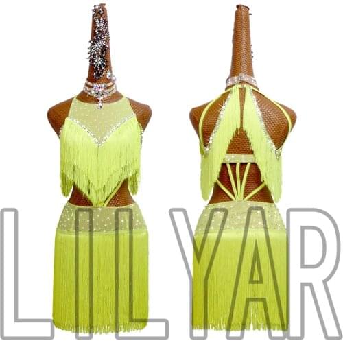 Latin Dance Dress Competition Dress Costumes Skirt Performing Dresses Rhinestones Customize size Fluorescent green Fringed dress
