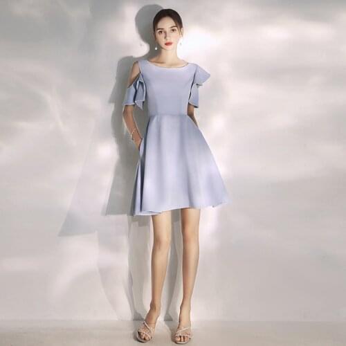 Special Occasion Dresses Vintage O-Neck Short Luxury Blue A-Line Zipper Off The Shoulder Knee-Length Satin Women Prom Gown E962