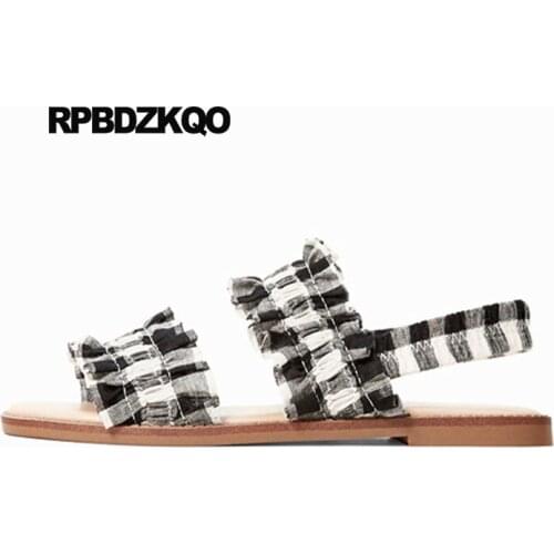 Plaid Fashion Shoes Black And White Strap Women Sandals Flat Casual Slingback Canvas Gingham Designer 2018 Open Toe Big Size