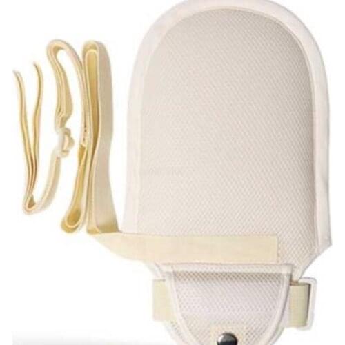 Old man in bed prevent scratching decannulation constraint gloves adult wrist take care patients J2061