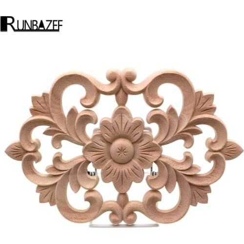 RUNBAZEF Woodcarving Furniture Decoration Style SolidWood Round Applique Door Heart Decorative Flower Funko Pop Artesanato Craft