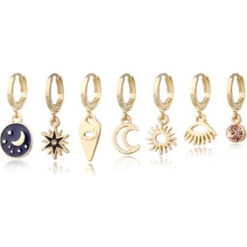 Star Moon Hoop Earrings for Women Gold Small Eyes Tiny Huggie Charm Hoops Earrings With Rhinestones Minimalist Jewelry