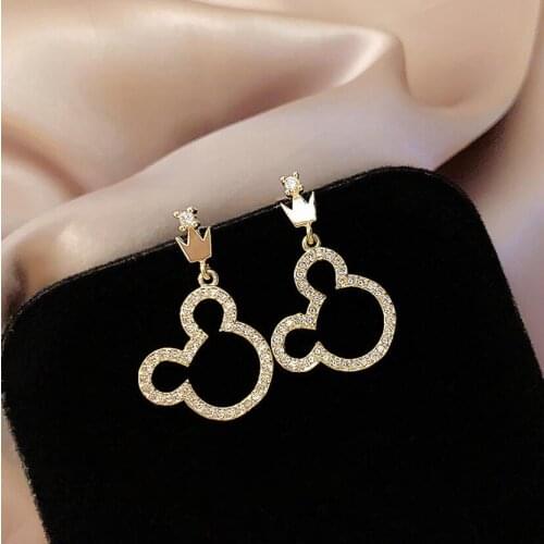 MICKYE MOUSE Ear Stud women Silvery Needle Hollow Full crystal Bear Earrings Korean Crown Ear Pendant Cute wholesale Accessories